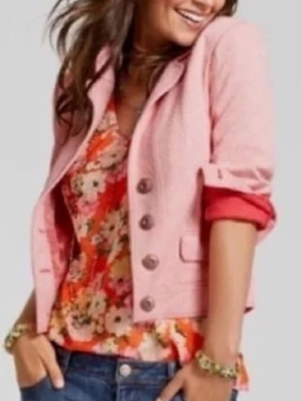 Cabi Pink Textured Knit Cropped Jacket Button Front Blazer Large
